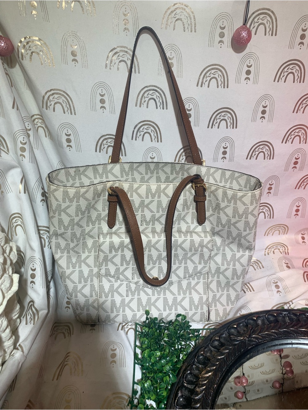 Michael Kors Cream Logo Tote with Brown Leather Trim